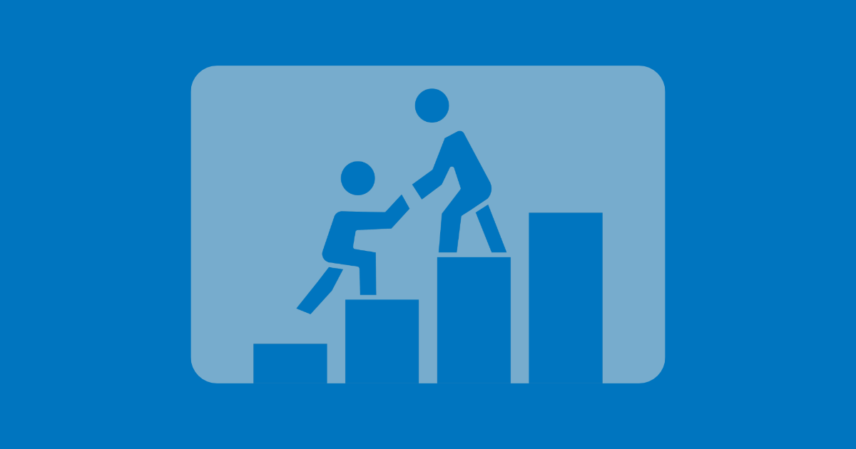 A stick figure helping another stick figure climb stairs, signifying the relationship of a mentor and mentee
